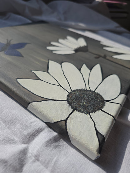 Floral Acrylic Painting: White Flowers, Black-Blue Butterfly on Canvas