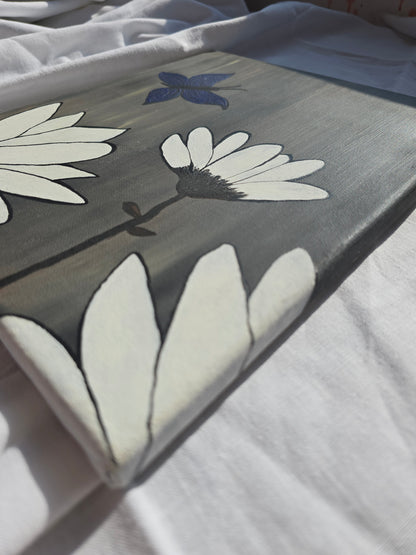 Floral Acrylic Painting: White Flowers, Black-Blue Butterfly on Canvas