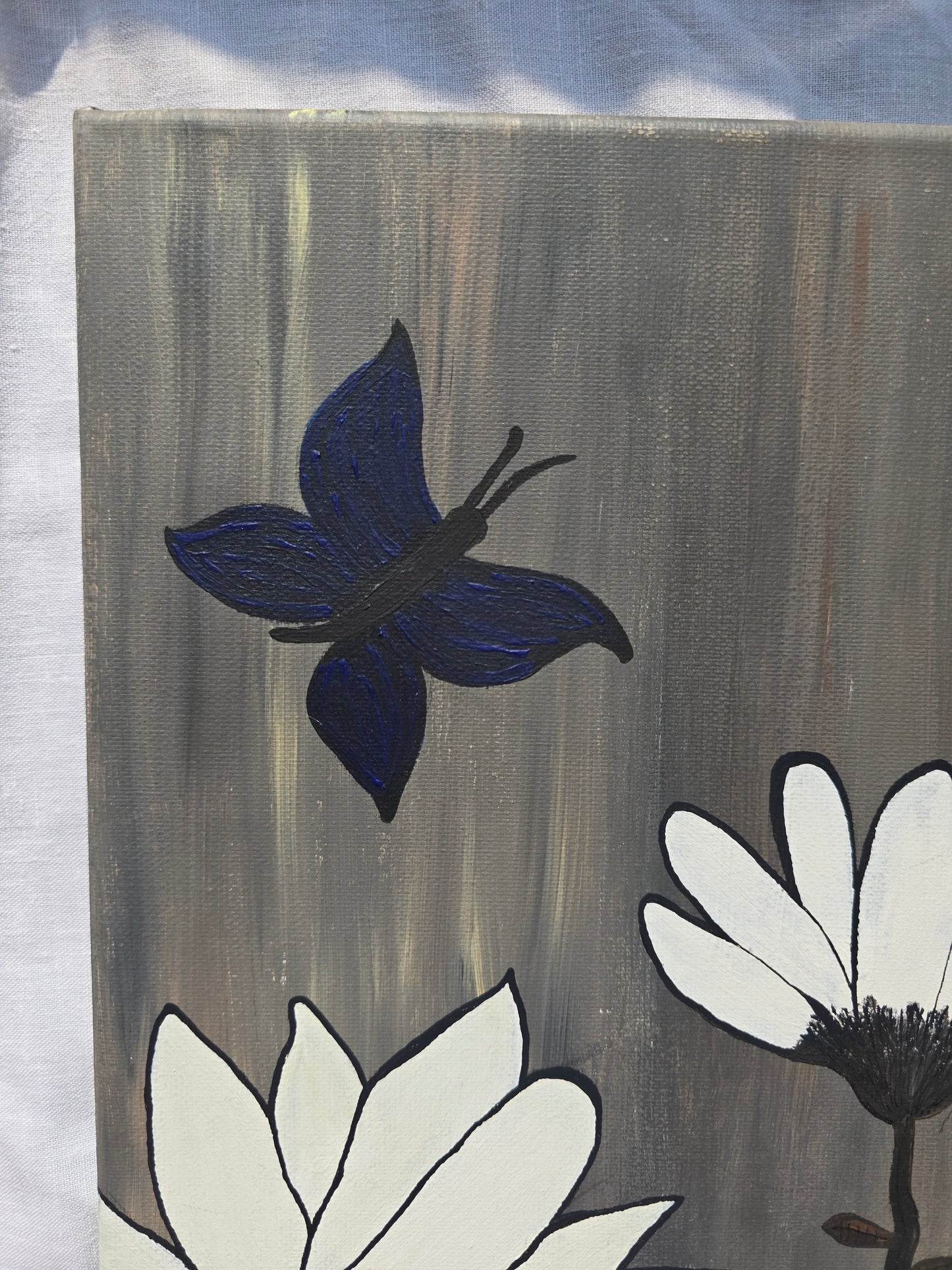 Floral Acrylic Painting: White Flowers, Black-Blue Butterfly on Canvas