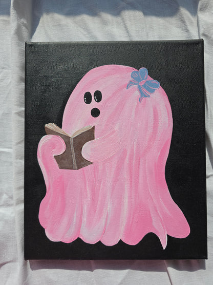 Cute & Creepy Pink Ghost Holding Mini Book – Original Art