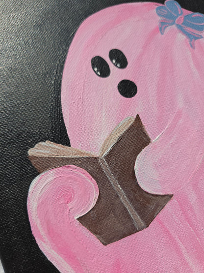 Cute & Creepy Pink Ghost Holding Mini Book – Original Art