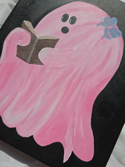Cute & Creepy Pink Ghost Holding Mini Book – Original Art