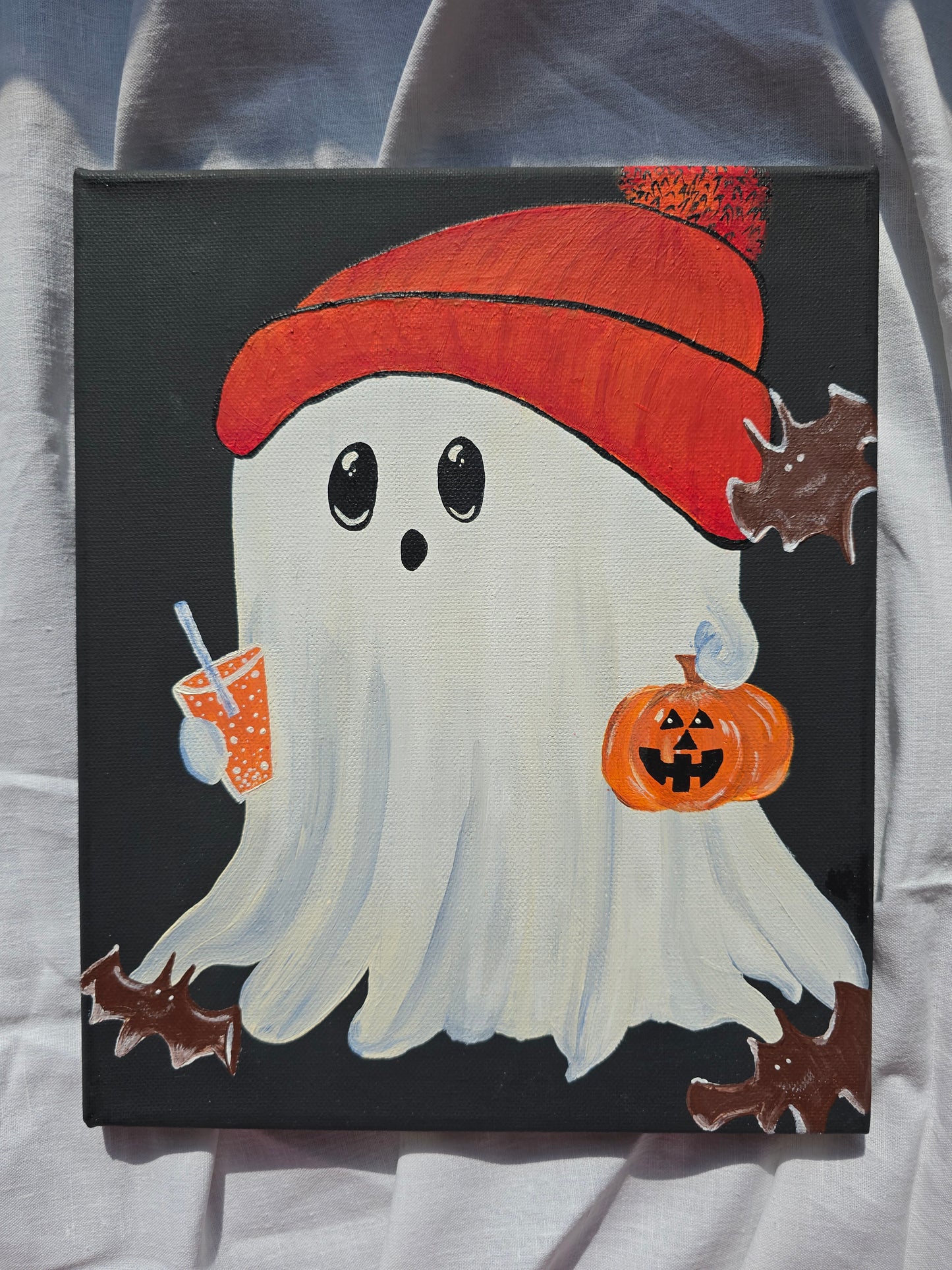 Cute & Creepy Ghost Holding Mini Pumkin– Halloween Painting – Black Canvas Art with Pumpkin – Spooky Wall Decor – Original Art