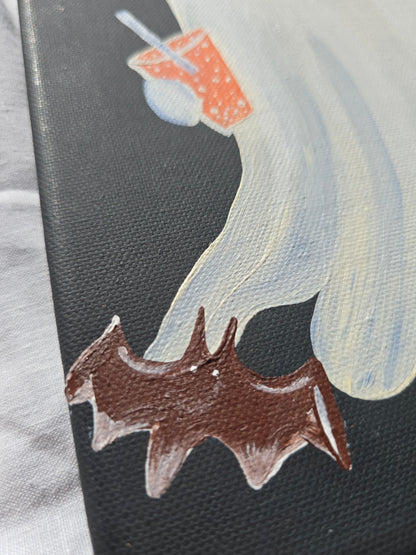 Cute & Creepy Ghost Holding Mini Pumkin– Halloween Painting – Black Canvas Art with Pumpkin – Spooky Wall Decor – Original Art