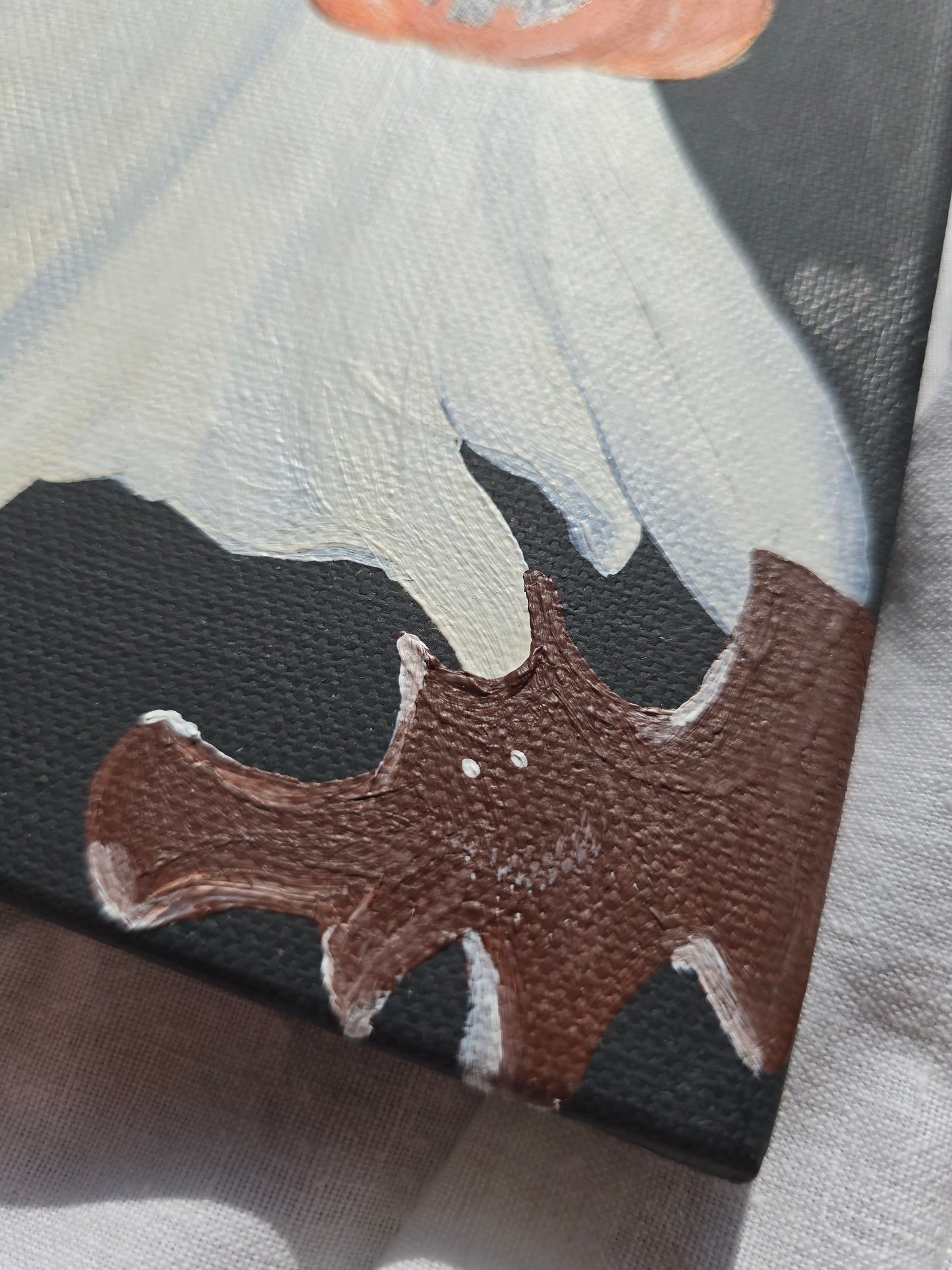 Cute & Creepy Ghost Holding Mini Pumkin– Halloween Painting – Black Canvas Art with Pumpkin – Spooky Wall Decor – Original Art