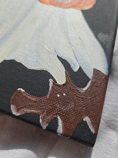 Cute & Creepy Ghost Holding Mini Pumkin– Halloween Painting – Black Canvas Art with Pumpkin – Spooky Wall Decor – Original Art