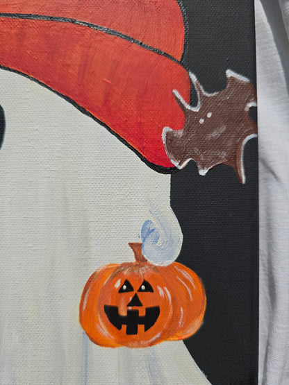 Cute & Creepy Ghost Holding Mini Pumkin– Halloween Painting – Black Canvas Art with Pumpkin – Spooky Wall Decor – Original Art