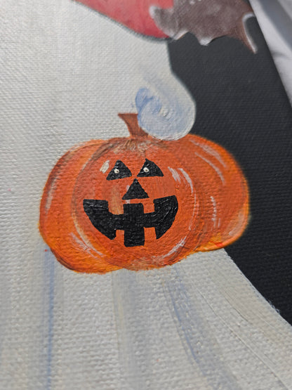 Cute & Creepy Ghost Holding Mini Pumkin– Halloween Painting – Black Canvas Art with Pumpkin – Spooky Wall Decor – Original Art