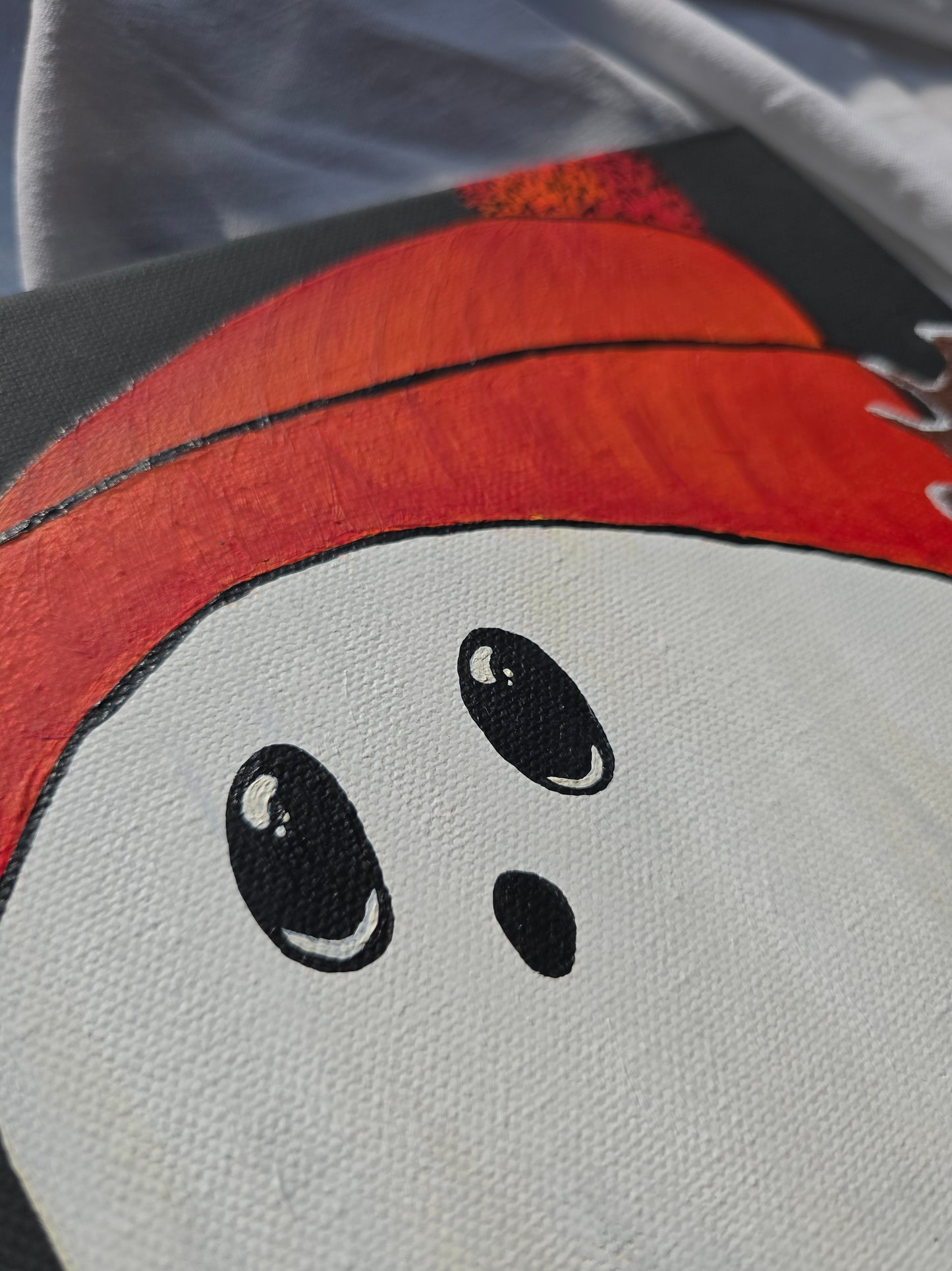 Cute & Creepy Ghost Holding Mini Pumkin– Halloween Painting – Black Canvas Art with Pumpkin – Spooky Wall Decor – Original Art