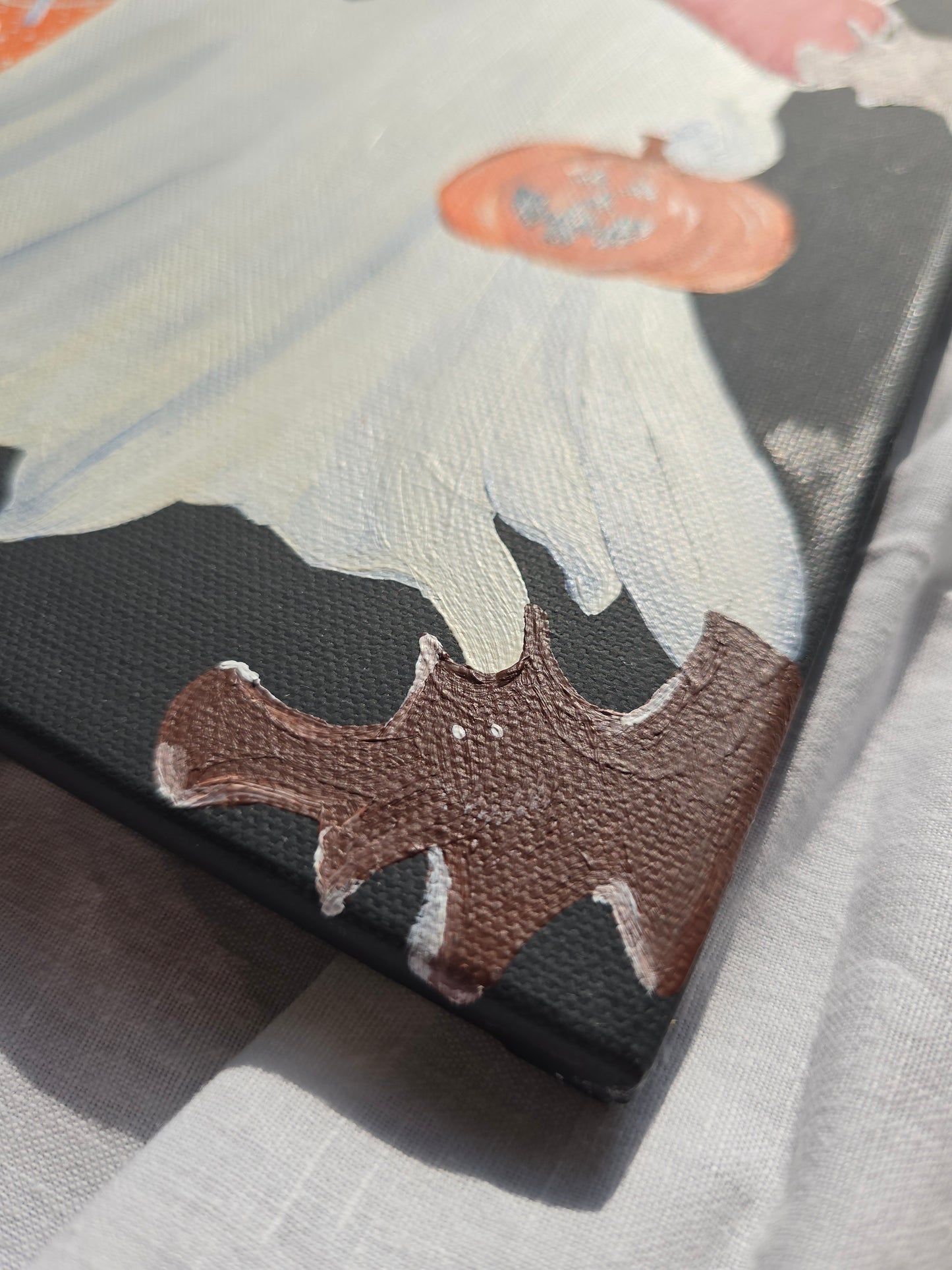 Cute & Creepy Ghost Holding Mini Pumkin– Halloween Painting – Black Canvas Art with Pumpkin – Spooky Wall Decor – Original Art