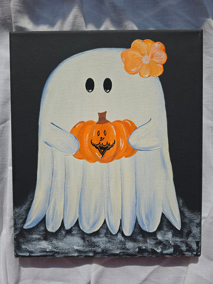 Pink Ghost Halloween Painting: Spooky Black Canvas Art