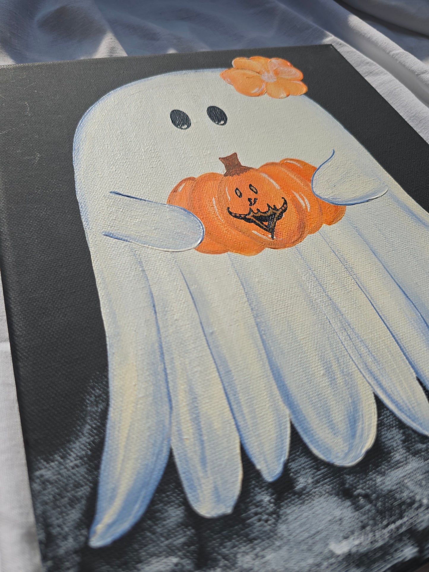 Pink Ghost Halloween Painting: Spooky Black Canvas Art