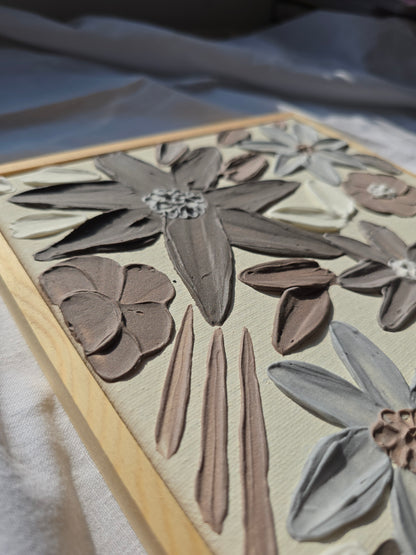 3D Textured Flower Painting: Neutral Acrylic Art on Framed Canvas