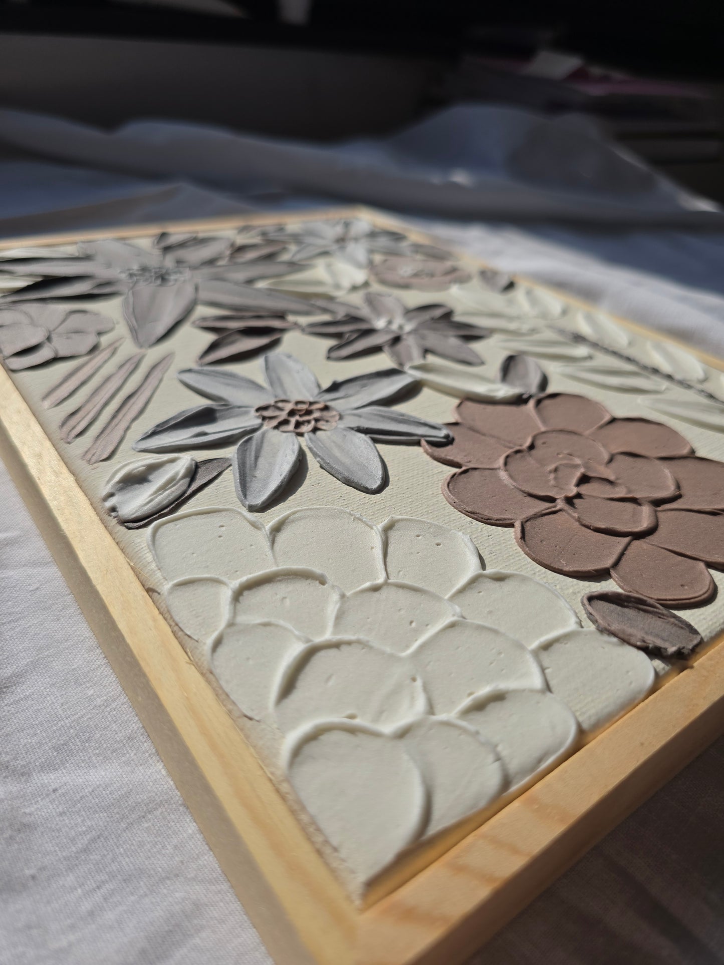 3D Textured Flower Painting: Neutral Acrylic Art on Framed Canvas