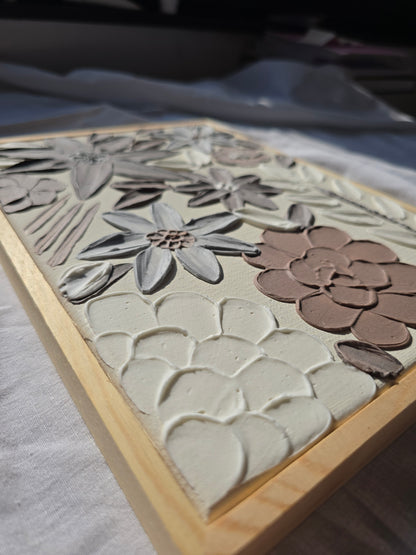 3D Textured Flower Painting: Neutral Acrylic Art on Framed Canvas