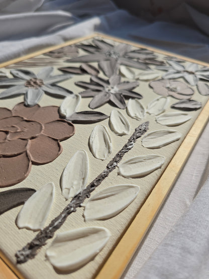 3D Textured Flower Painting: Neutral Acrylic Art on Framed Canvas