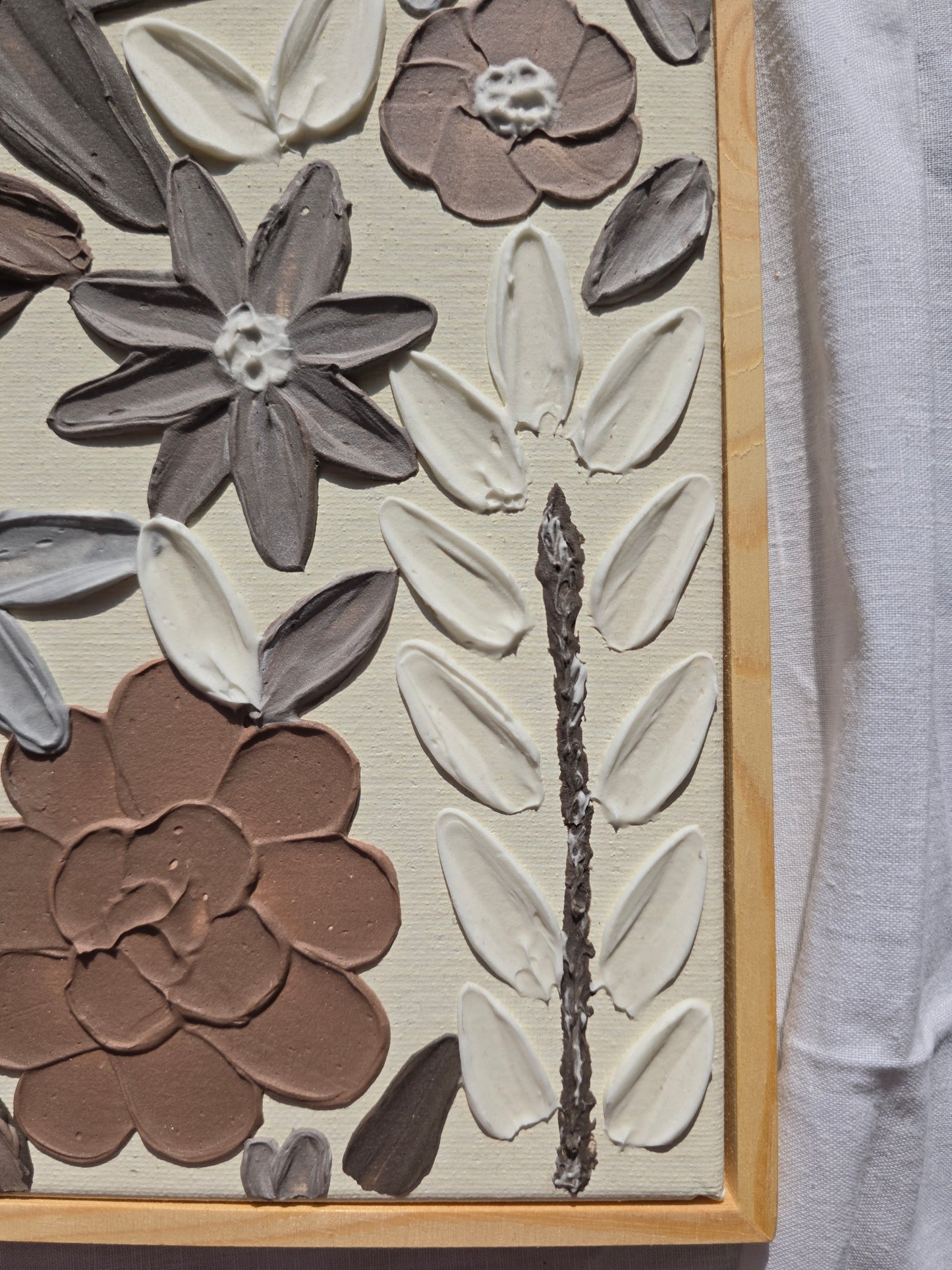 3D Textured Flower Painting: Neutral Acrylic Art on Framed Canvas
