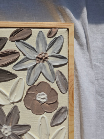 3D Textured Flower Painting: Neutral Acrylic Art on Framed Canvas