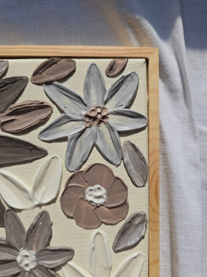 3D Textured Flower Painting: Neutral Acrylic Art on Framed Canvas