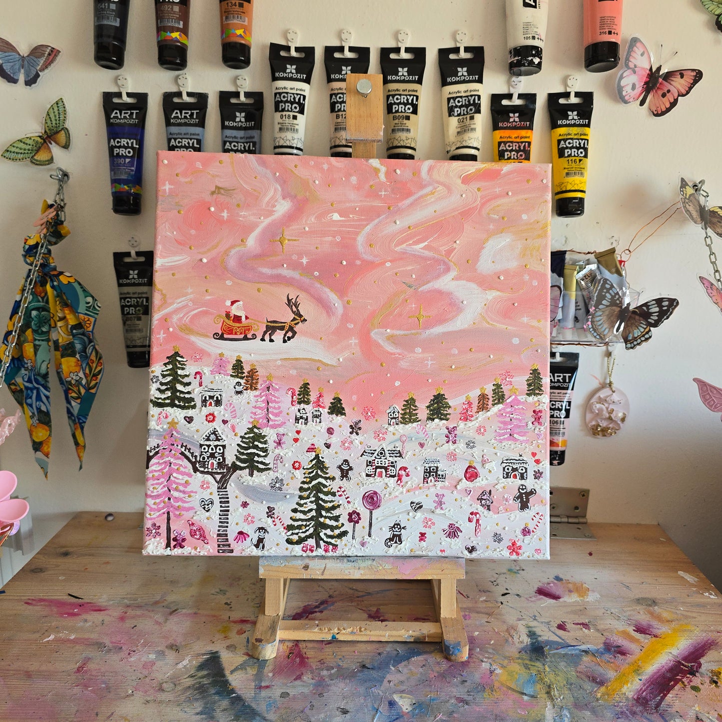 Pink Christmas Painting: 3D Snow, Santa, Gingerbread Village