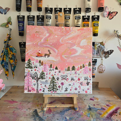 Pink Christmas Painting: 3D Snow, Santa, Gingerbread Village