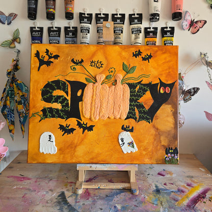 3D Halloween Painting: Spooky Pumpkin, Ghost & Bat Acrylic Art (40x50cm)