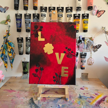 Gold Leaf LOVE Painting: Red & Black Floral Canvas Art (30x40cm)