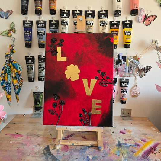 Gold Leaf LOVE Painting: Red & Black Floral Canvas Art (30x40cm)