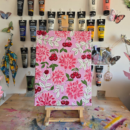 Pink Flowers & Cherries Acrylic Painting on Canvas (30x40cm)