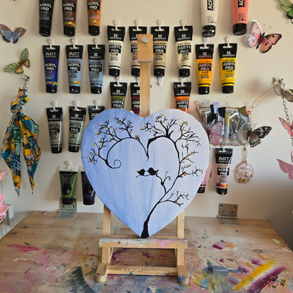 Heart Canvas Tree Painting with Birds: Romantic Acrylic Art