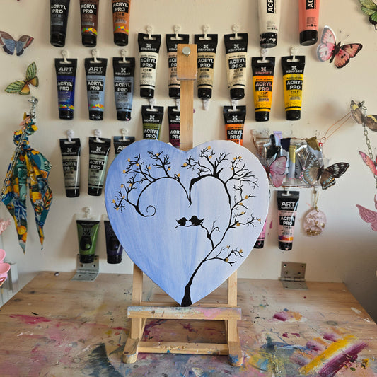 Heart Canvas Tree Painting with Birds: Romantic Acrylic Art