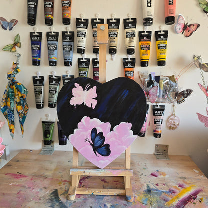 Heart Shaped Butterfly Painting: Black and Pink Acrylics on Canvas