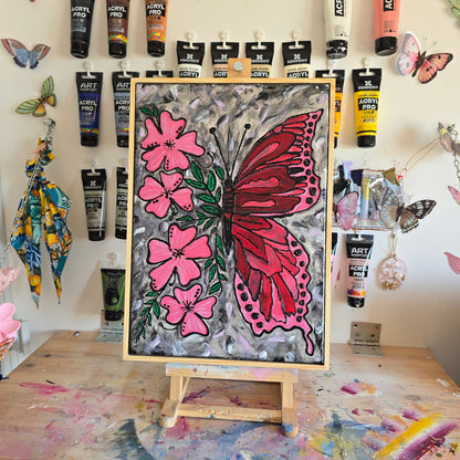 Textured Butterfly Flower Painting: 3D Acrylic Art on Canvas (30x40 cm)