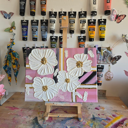 3D Flower Acrylic Painting: Pink & Gold Wall Art