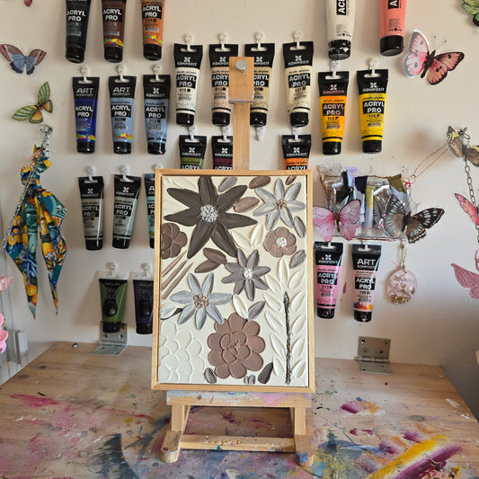 3D Textured Flower Painting: Neutral Acrylic Art on Framed Canvas