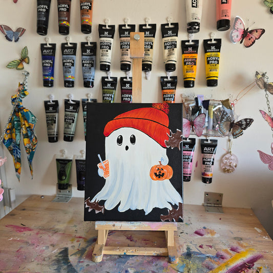 Cute & Creepy Ghost Holding Mini Pumkin– Halloween Painting – Black Canvas Art with Pumpkin – Spooky Wall Decor – Original Art