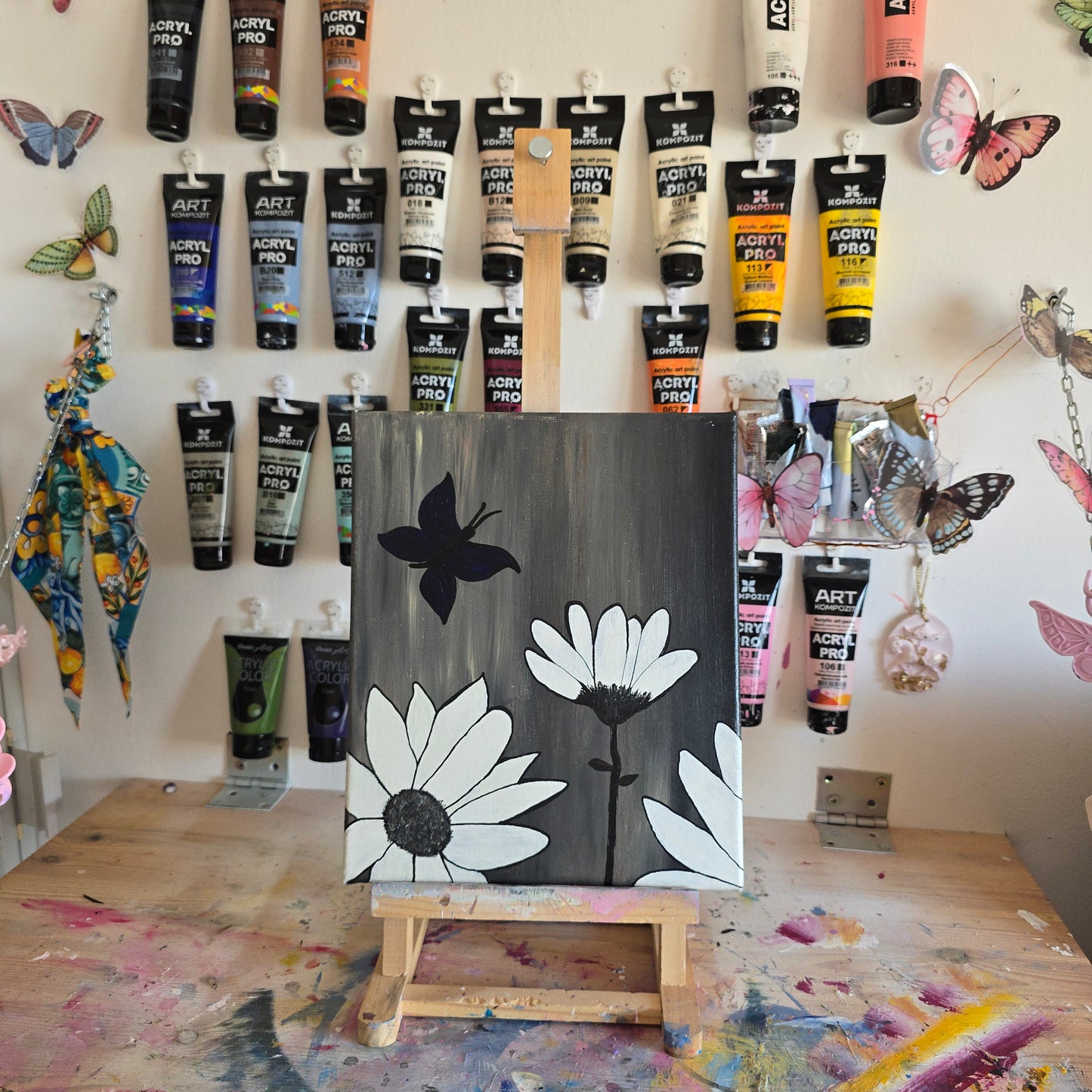 Floral Acrylic Painting: White Flowers, Black-Blue Butterfly on Canvas