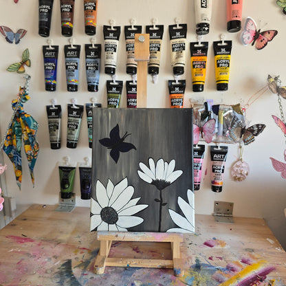 Floral Acrylic Painting: White Flowers, Black-Blue Butterfly on Canvas