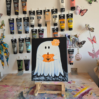 Pink Ghost Halloween Painting: Spooky Black Canvas Art