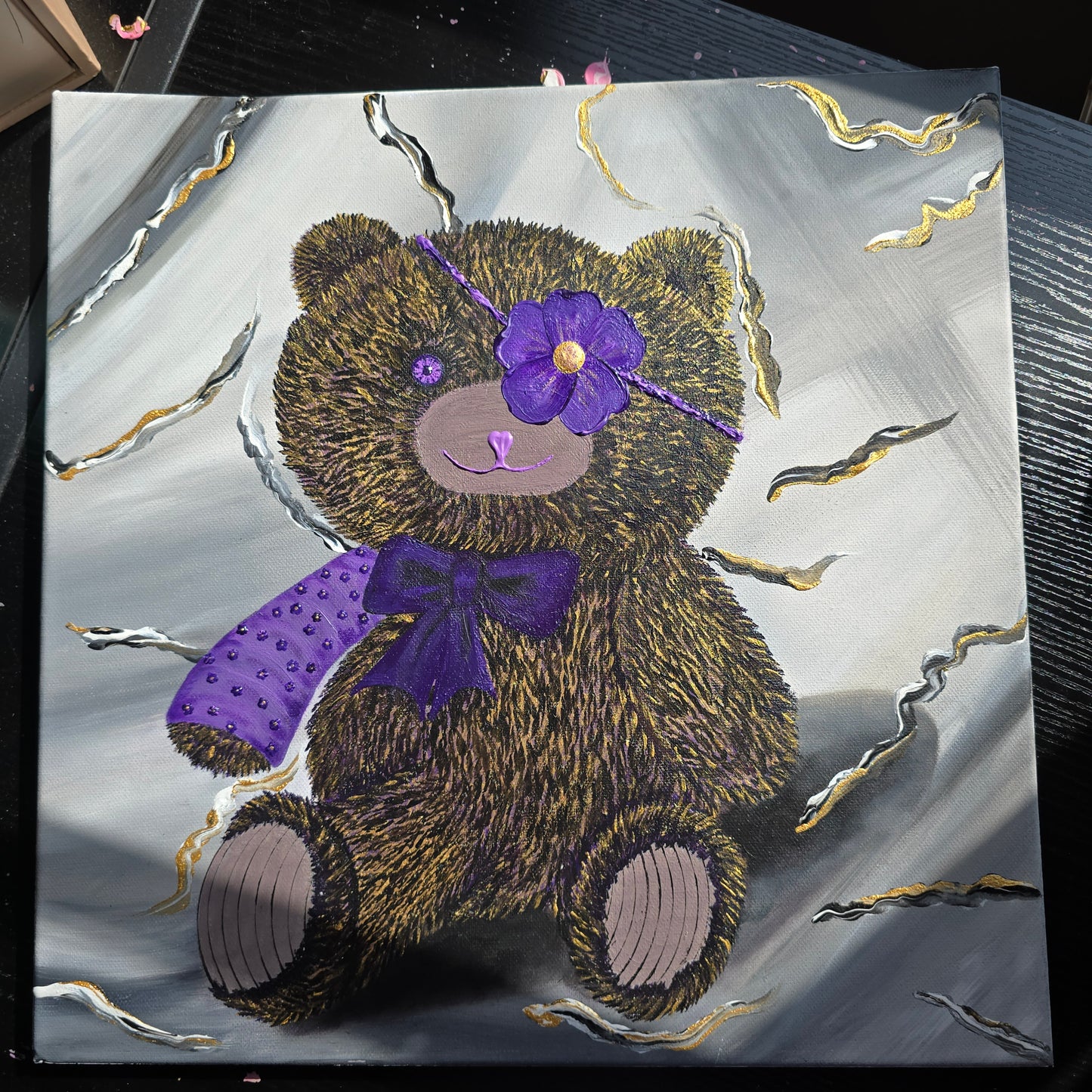 Hand-Painted Pirate Teddy Bear in Flower Eye Patch and Purple Cast