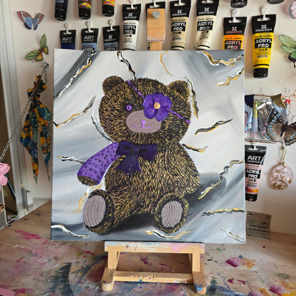 Hand-Painted Pirate Teddy Bear in Flower Eye Patch and Purple Cast