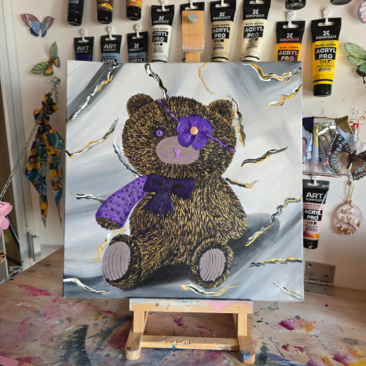 Hand-Painted Pirate Teddy Bear in Flower Eye Patch and Purple Cast