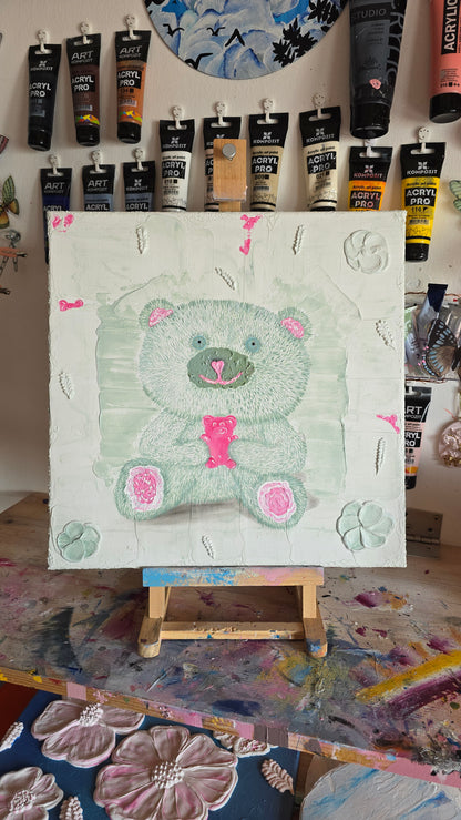 Hand-Painted White&Green Teddy Bear Holding Gummy Bear - Structured Background