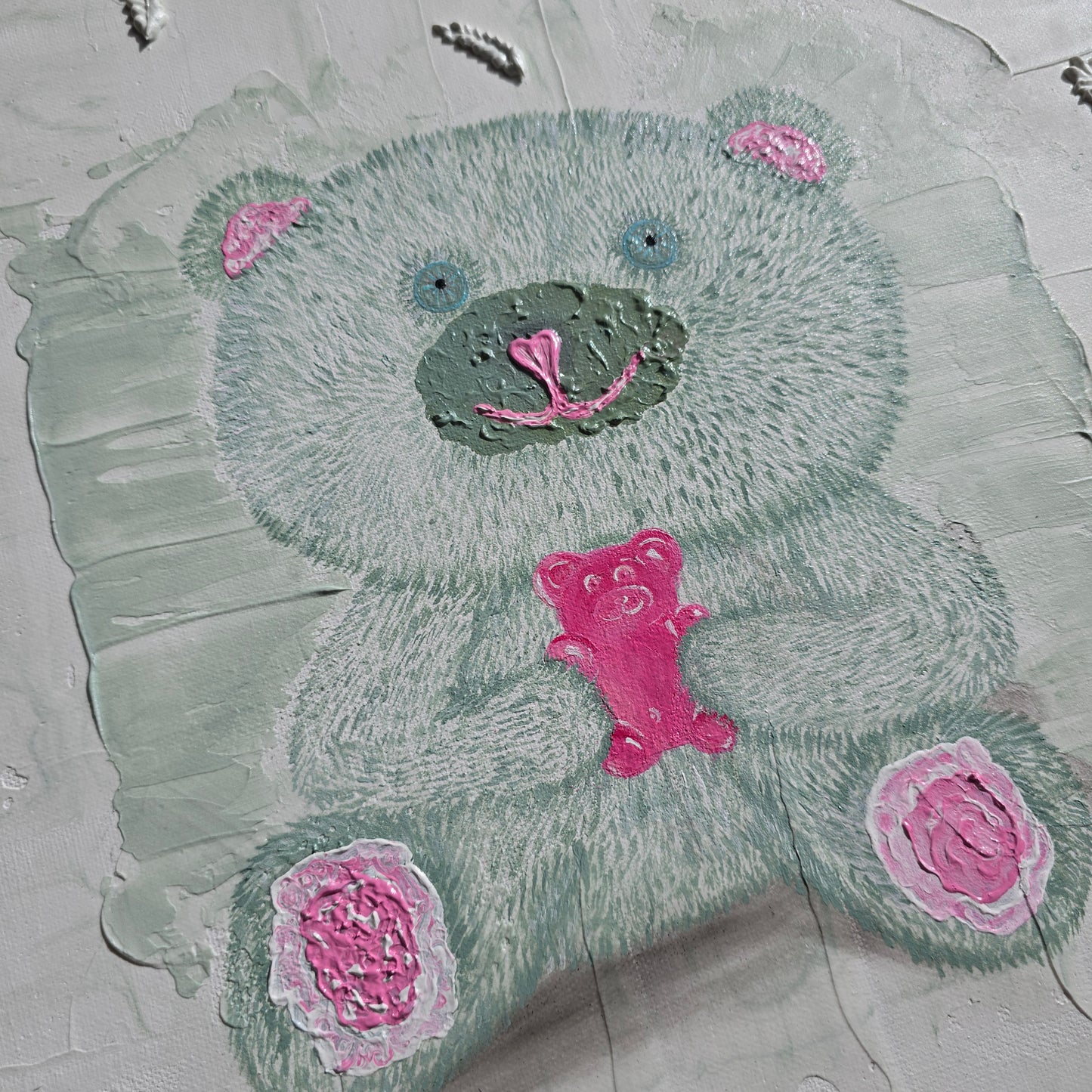 Hand-Painted White&Green Teddy Bear Holding Gummy Bear - Structured Background