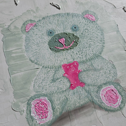 Hand-Painted White&Green Teddy Bear Holding Gummy Bear - Structured Background