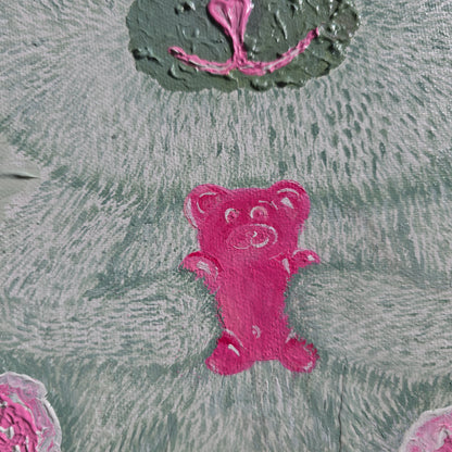Hand-Painted White&Green Teddy Bear Holding Gummy Bear - Structured Background