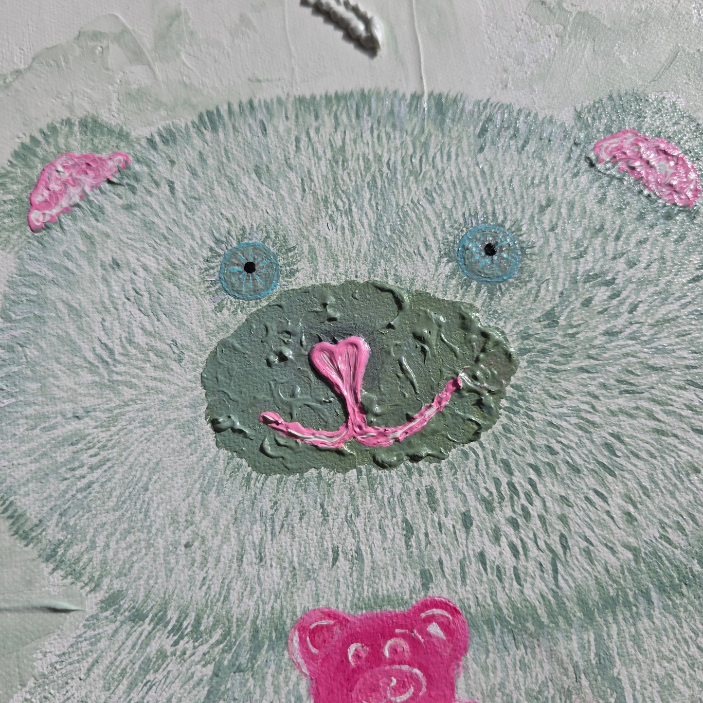 Hand-Painted White&Green Teddy Bear Holding Gummy Bear - Structured Background