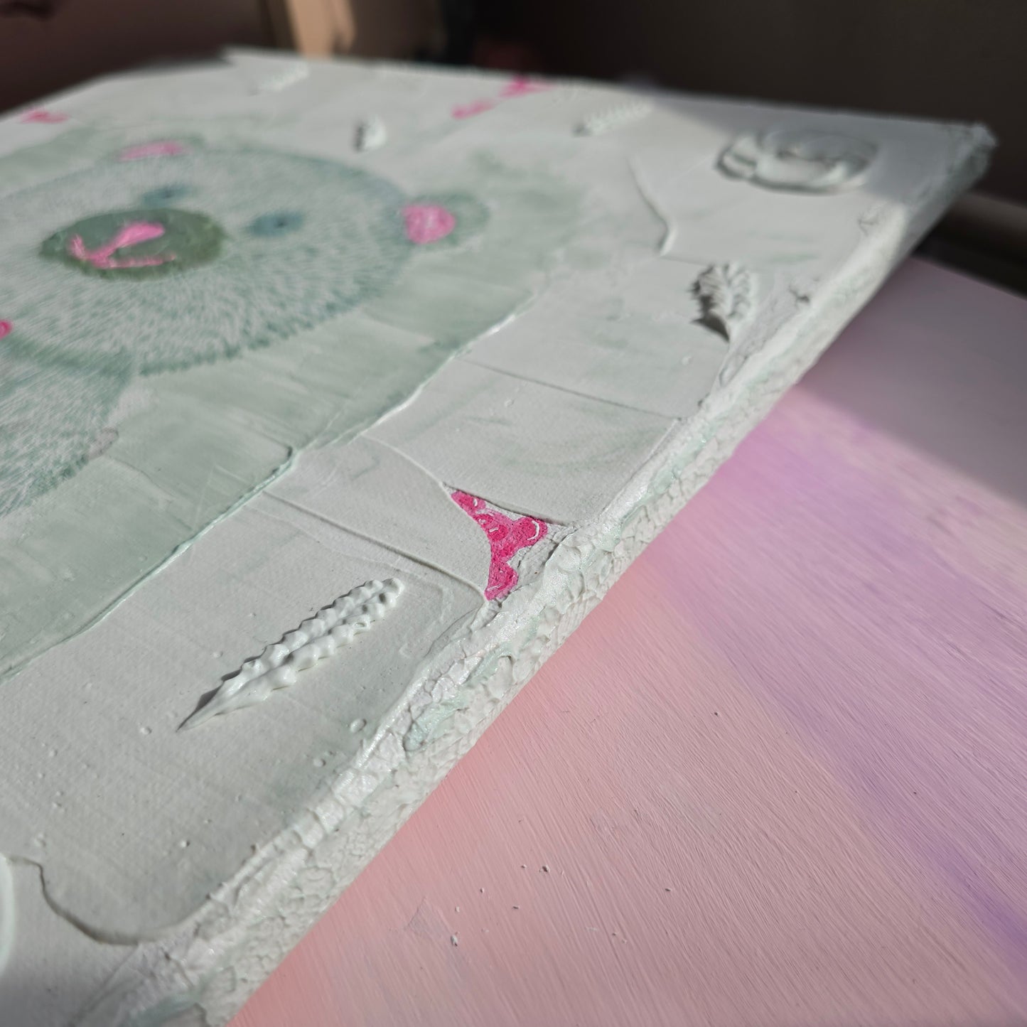 Hand-Painted White&Green Teddy Bear Holding Gummy Bear - Structured Background