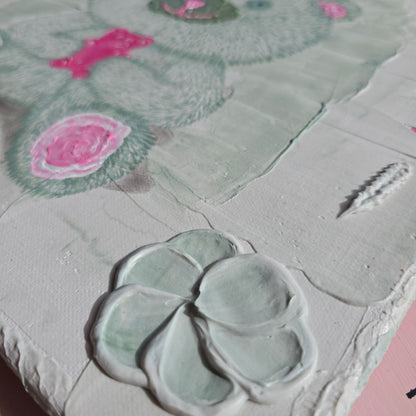 Hand-Painted White&Green Teddy Bear Holding Gummy Bear - Structured Background