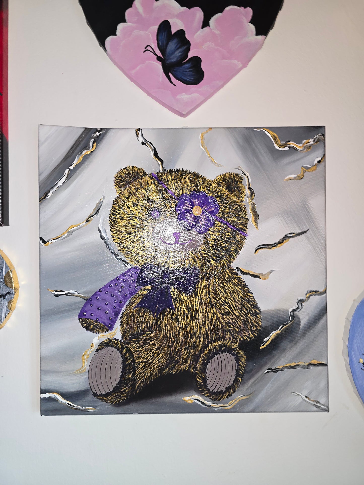 Hand-Painted Pirate Teddy Bear in Flower Eye Patch and Purple Cast